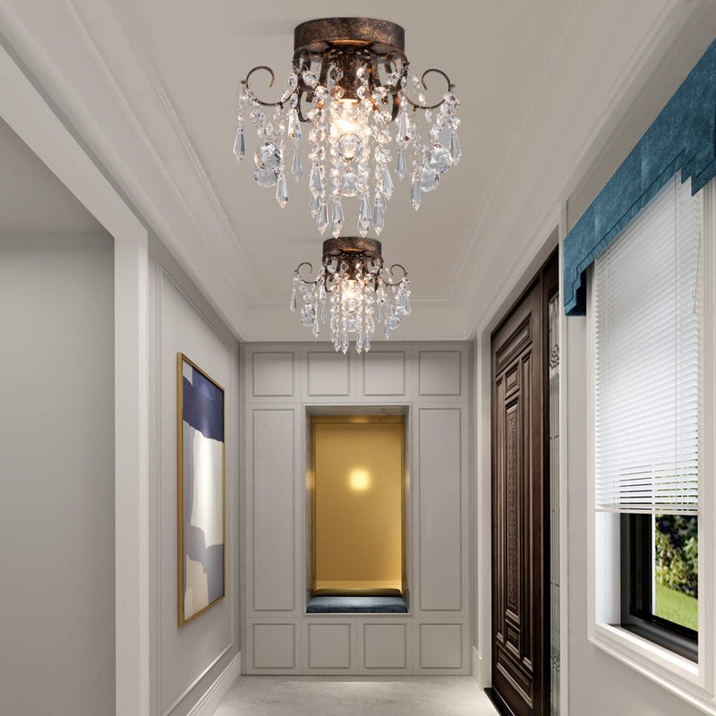 QS Q&S Small Crystal Ceiling Light Fixture Flush Mount,Black Ceiling Lights Modern Chandelier,Bedroom Hallway Closet Light Fixture,Dia9.5 1 Light. - Image 2